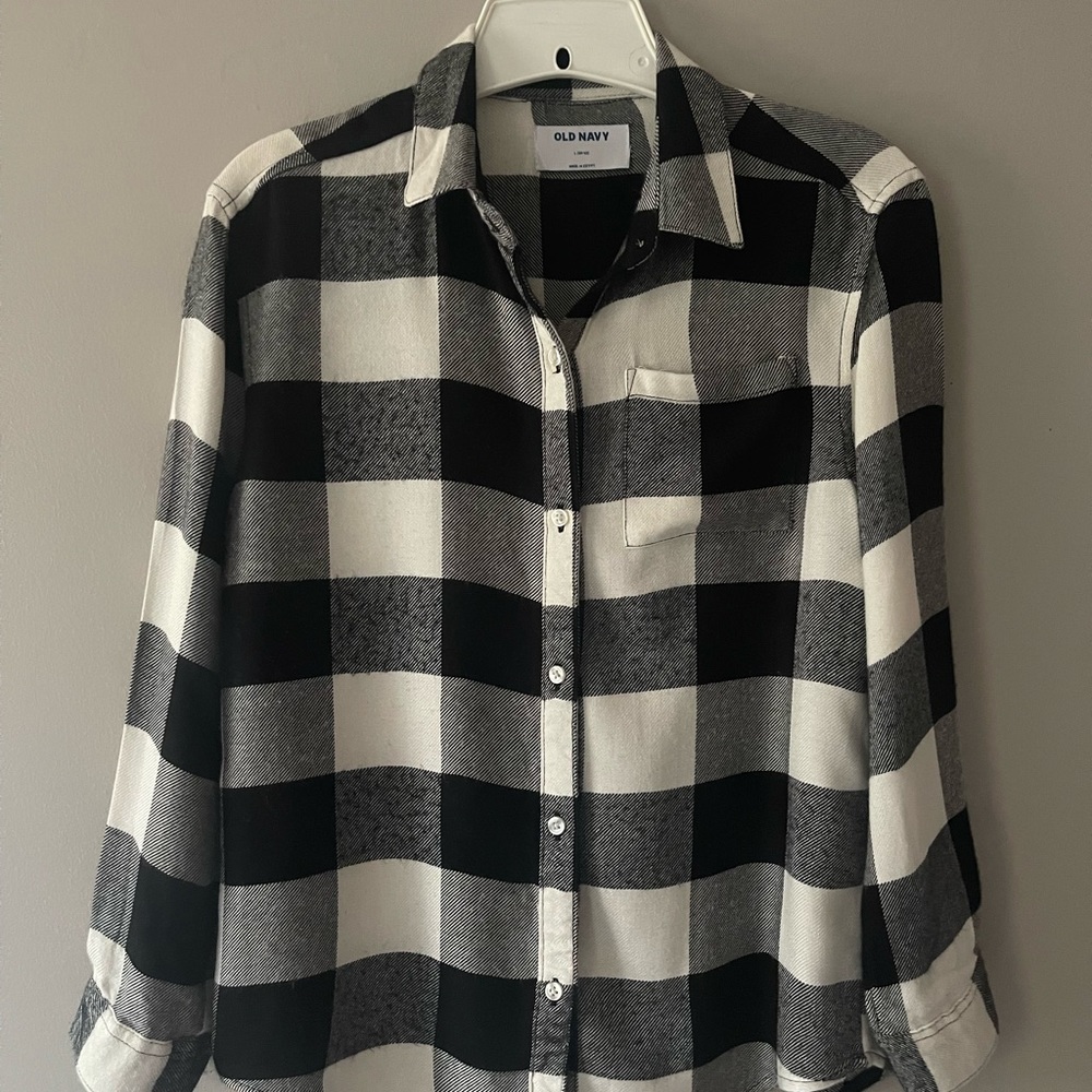 Plaid Flannel Shirt/Girls/Black & White Buffalo Check/Size L-10/12/Old Navy
